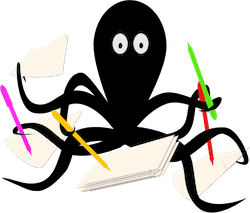 illustration of a black octopus holding pens and papers in their arms