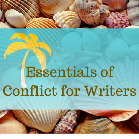 shells with palm tree and words essentials of conflict for writers.